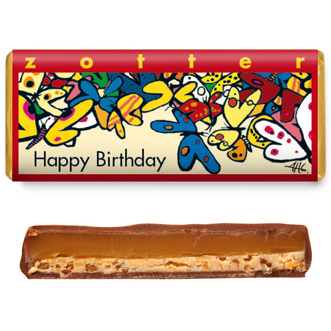 Handgeschöpfte Schokolade Zotter Happy Birthday Butterkaramell